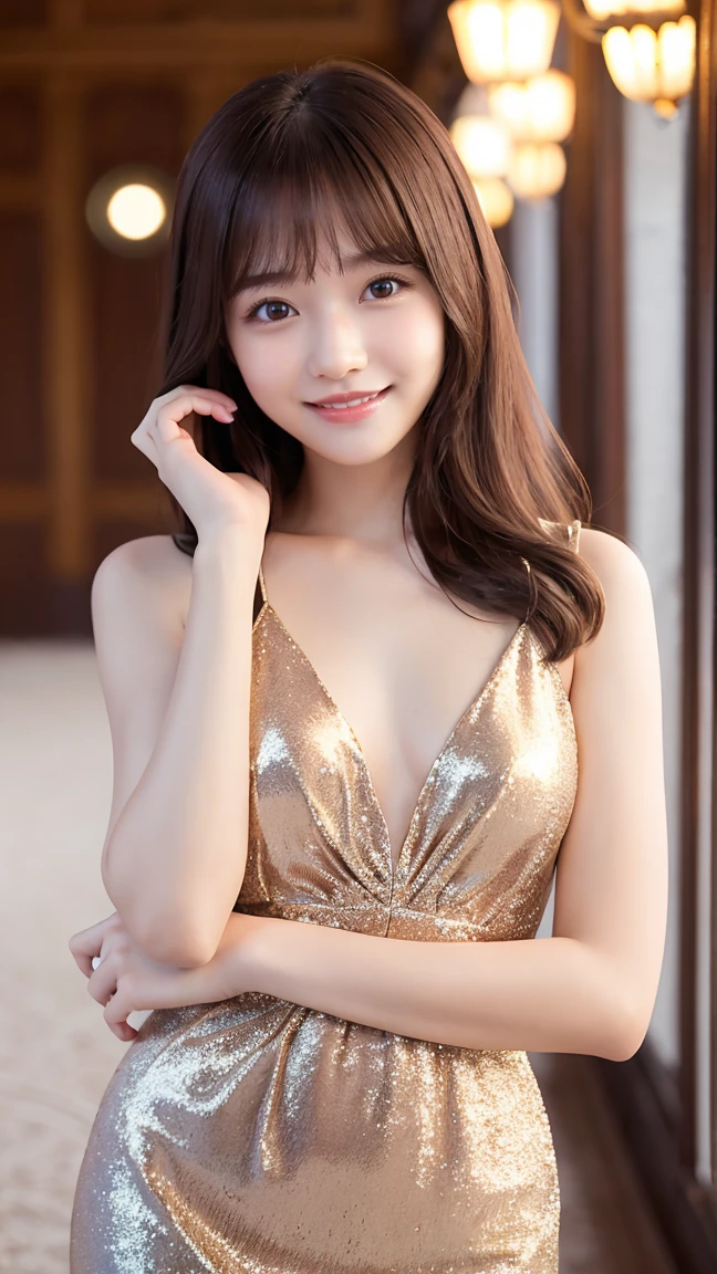 highest quality、8k wallpaper、Reality:1.4、Photographed by a professional photographer、Cinema Lighting、View your viewers、background:A luxurious and gorgeous palace venue、1 beautiful girl、Japanese Idol、19 years old、Beautifully detailed eyes、Detailed face、Beautiful Skin、Slender、Slim waist、Thin legs、Lip balm、Blonde: 1.8、Long Hair、Asymmetrical bangs、Gorgeous glitter dress with intricate details:1.2 、smile:1.5、Seductive pose