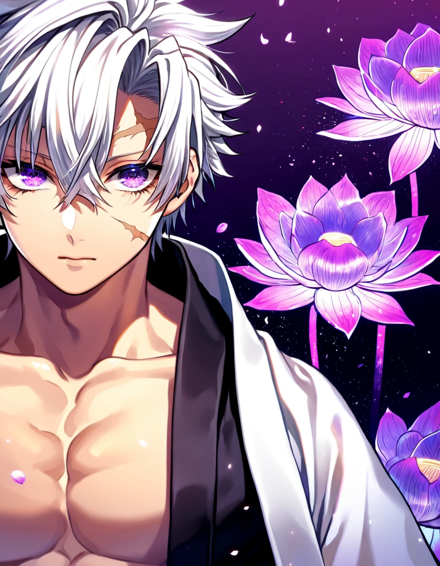 Ultra detailed, HDR, Highres, absurdres, master piece, Shinazugawa Sanemi, white hair, expressive dark purple eyes, hair between the eyes, scar on his face, black clothes, white haori, Kimetsu No Yaiba, purple glittering butterflies, petals, purple lotus, handsome, magical, sexy man, toned chest, extremely detailed face and eyes, glittering, fantasy, purple background, purple water,