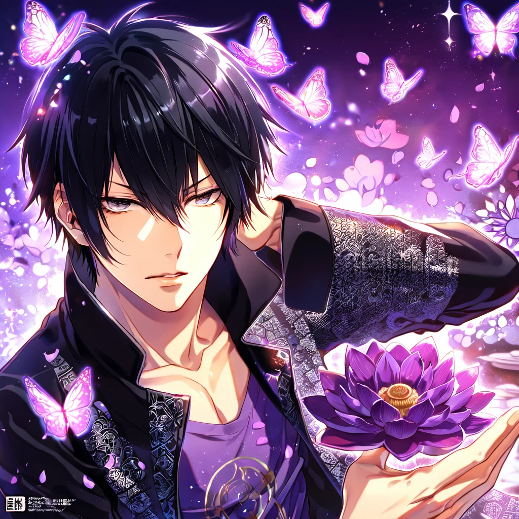 absurdres, highres, ultra detailed, HDR, master piece, best quality, Hibari Kyouya, black hair, expressive gray eyes, katekyo hitman reborn!, solo, handsome, sexy man, toned chest, black jacket, purple shirt, patterns, magical, fantasy, purple background, purple lotus, shining, purple petals, purple sparkling butterflies, purple water