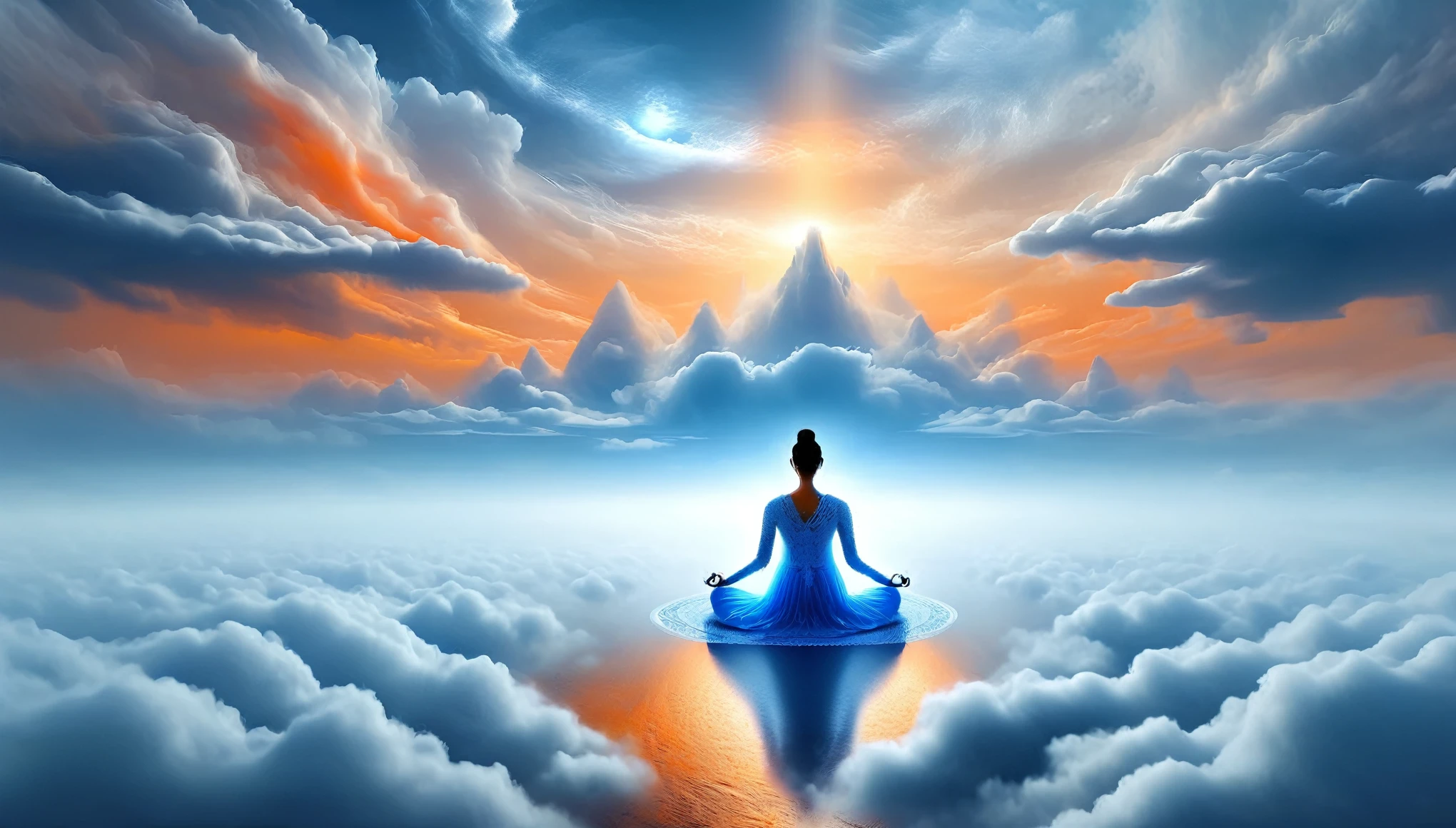 meditation. meditation, Tyndall phenomenon,best quality,Super detailed,actual,professional,blue lace wedding dress,rows of orange beams,cloud,mist,,White minimalist,partial reflection,Desktop Wallpapers,