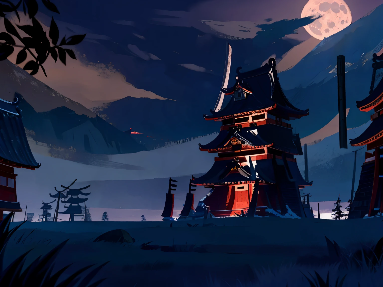 Moonlit samurai training grounds, night time