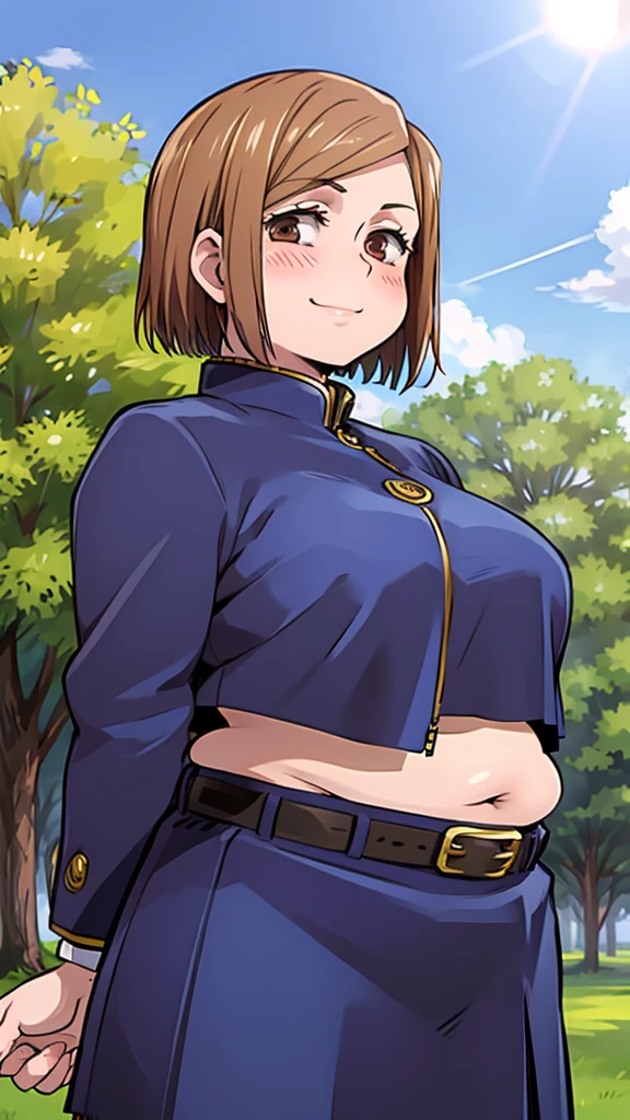 NobaraKugisaki, gakuran,cropped jacket, belt,high-waist skirt, blush,looking up,closed mouth,smile, chubby, chubby girl, park, sunny day, happy eyes, chubby belly