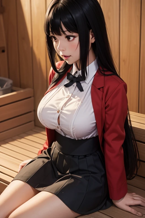 sit in Sauna room , steam , waistband of skirt is at the point above chest , Tight shirt , white Shirt , school girl , skirt under breasts , skirt is near breasts area , skirt is adjacent to the chest , jabami yumeko, black hair, long hair, blunt bangs , red jacket, shirt, black skirt