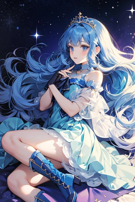 Rin does not wear a Fairilu Tiara, and instead has two blue stars on the right side of her head, with a another blue star on the left side of her head. Her hair is adorned with lots of blue stars, all over her hair. Her clothes look the same as in her Fairilu form, but there are two blue pieces over her clothes. She has short gloves on. She does not wear stockings and wears blue boots, much shorter than Rose. SPARKLE; GLITTER