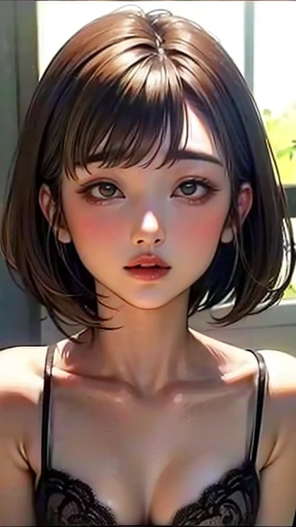 (Top quality masterpiece:1.2) Delicate illustrations, Very detailed, /Beautiful Japanese Women、1 person,Very cute and slim、Great style 、((8k images、super high quality))、Very delicate face, beautifule forehead、Large Breasts、Bright red lipstick,(((((short hair、Light brown hair、Blonde Hair))))),very cute、Kind eyes,((((lingerie))))