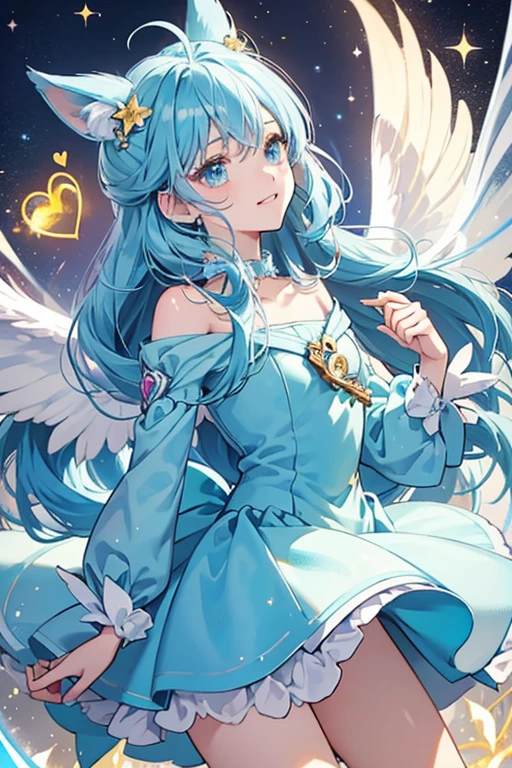 Rin's Fairilu Key is light blue. Her handle is shaped as a heart's outline, with a gentian crest inside, adorned by a yellow gem. The heart is placed on top of another small heart with two small wings. The key's teeth is shaped with a capital "F" placed on its long side. SPARKLE; GLITTER