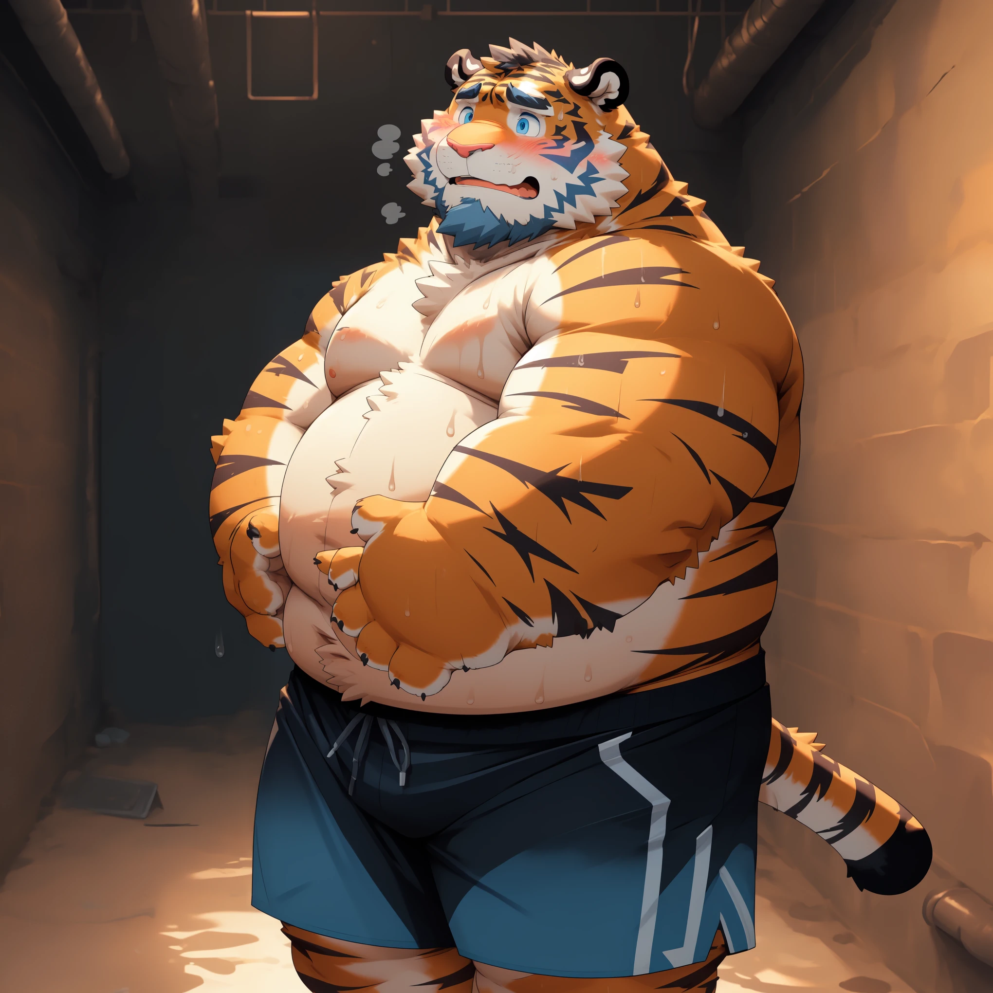 New Jersey 5 Furry,Tiger,Solitary,Chubby,Fat,Thick arms,Rugged muscles,shorts,orange Plush fur,Chubby Face,Black eyebrows,Sky blue eyes,Beard,(Gloomy basement),(Topless,shorts),(Fold both hands),(blush),(Sweating),