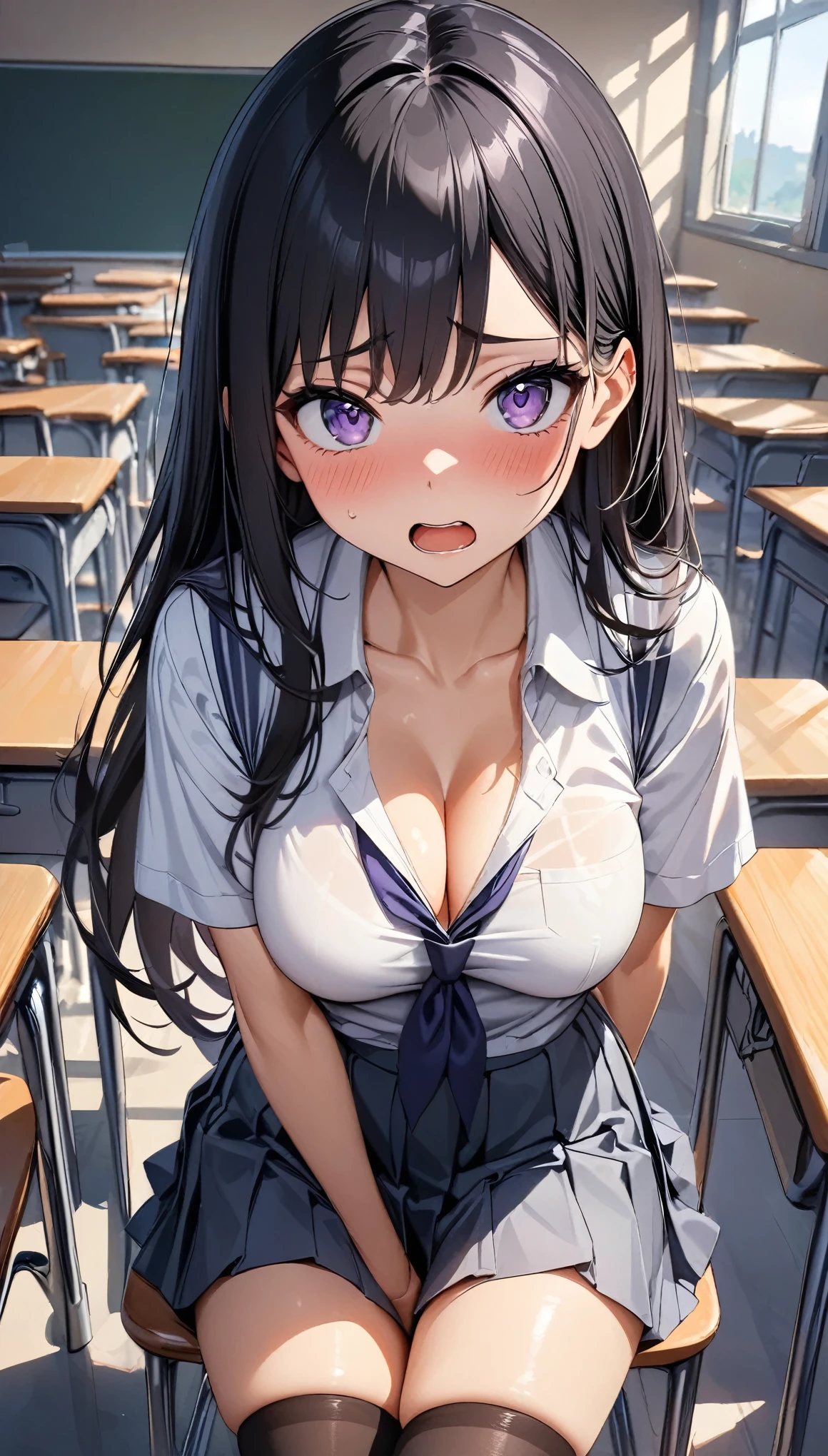 (cute eyes), (8K、Best image quality、highest quality、masterpiece)、Detailed face、Improve、(Black Hair, Purple Eyes, long hair)、(open mouth), (embarrassed), (skinny body),(medium breasts), (school uniform), (cleavage), Sit on a chair, Classroom Background, (black stockings), (Thighs), (Waistline)