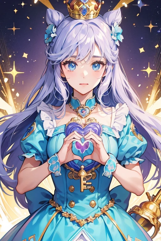 When enlarged, her key has a brighter colour of light blue with a small crown on top of the heart-outlined handle, a heart-shaped decor below the handle, and the bellflower crest is placed on a golden base. SPARKLE; GLITTER
