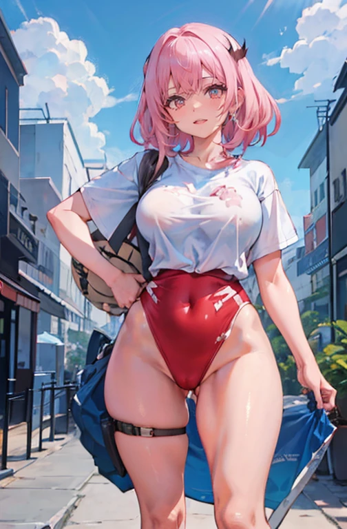 uma mulher com cabelo rosa curto, saia e camiseta, arte de silverzorro, dia ensolarado, danbooru, corpo esponjoso, Violeta, 165 cm de altura, Rabo de raposa, smooth appearance, imagem completa.