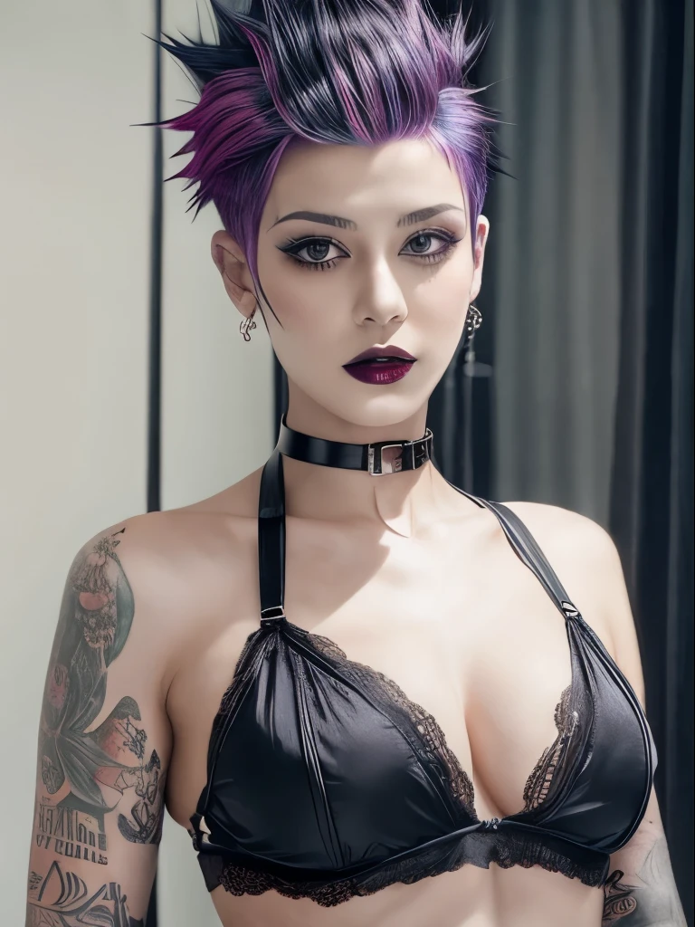 1girl,mowhawk with shaved sides, goth, lingerie, indoors, bright rainbow hair, perfect breasts, black lips, black lipstick, dog collar