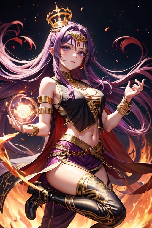 Woman in her 30s, long violet hair, long messy hair, violet eyes, djinn clothing, black sleeveless open vest, black vest with gold Arabic print, gold Arabic pants, gold belt, djinn bracelet with gems, brown boots, boots Brown, phosphorescent violet tattoos, surrounded by fire and red smoke with magic circles with chains tied to hands and feet surrounded by white chains on a background of Arabian ruins. with magic circles and a crown of fire on his head, slim build