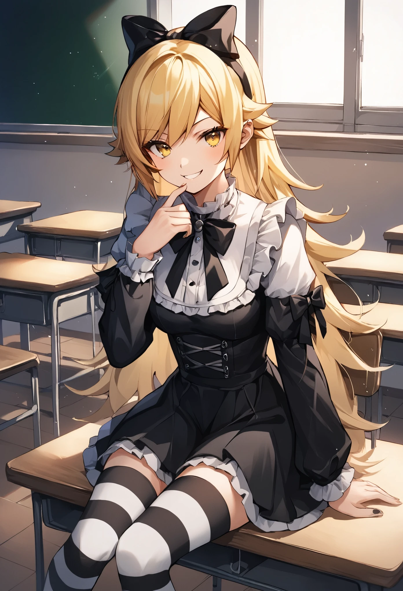 score_9, score_8_up, score_7_up, score_6_up, source_anime, rating_safe,, 1girl, solo, oshino shinobu, tv_gothic, blonde hair, long hair, yellow eyes, black dress, hair bow, striped thighhighs, frills, sitting, classroom, night, looking at viewer, smirk