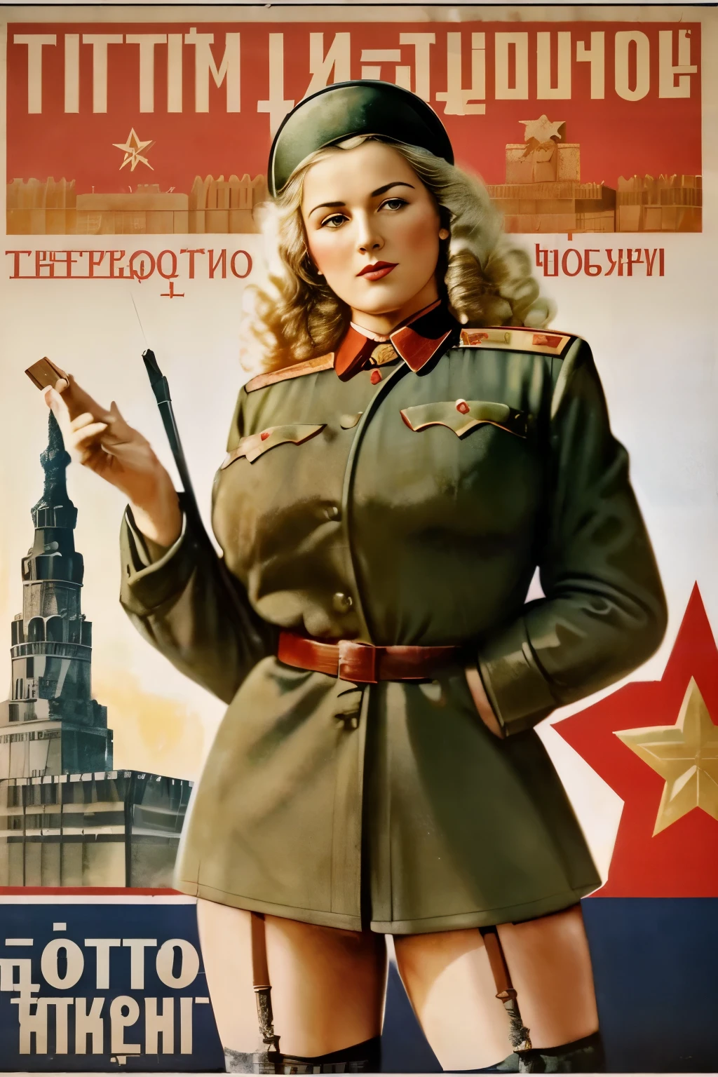 (soviet political poster:1.5), NSFW (en anglais seulement), (((very vintage faded photo))), (corps entier:1.4), portrait ultraréaliste d&#39;a blonde and white soviet female soldier with big tits, grands yeux bleu vif, long curly blonde hair, soviet ww2 uniform, (huge overflowing saggy tits), Large areolas, gros mamelons, (peau sale), completely naked except&#39;uniforme de veste ouverte, porte-jarretelles et bas noirs, talons hauts, dirty clothes, visage souriant,(Gorgeous facial features:1.1),((pose de salut militaire )), devant un Kremlin enneigé,(ultra quality, ultra detail:1.5), extremely realistic, (Meilleure image, better quality:1.8), Concentration approfondie, (details and reflections of l&#39;échelle et des yeux:1.5),(Moteur Unreal:1.5), (dans le style de Dmitri Moor et Georgii Kibardin et Vera Gitsevich:1.5)