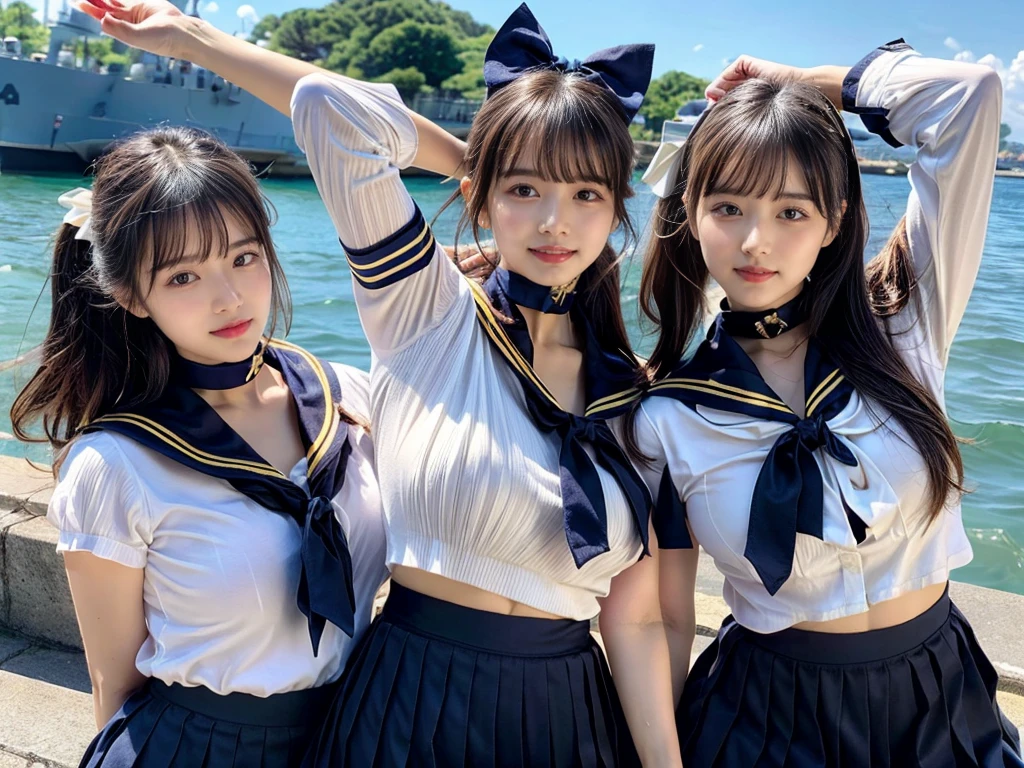 (((very heavy chest))),NSFW, 16k raw photos, highest quality, masterpiece, ultra high resolution, ((She is wearing Beautiful exposed redShe is wearing (a high school sailor uniform).
(navy sailor collar:1.4),(white shirt:1.4),(navy pleats skirt:1.4),(navy bow:1.4))).movie, ((2 girls, , 2 schoolgirls)),((attractive expression)),eyes shine、 looking at the viewer, natural skin texture very heavy chest))),((( metal black ribbon around the neck))).star handle mold、((yellow eyes)),Realistic eye and face details, lip whole, lipstick makeup), fluffy ponytail hair, laughter, Beautiful feet, tall woman, ((glowing skin)),((Beautiful armpit)), slim_feet, huge breasts, cleavage, beautiful natural places, beautiful flower garden、(detailed background,highly exposed, huge breasts, blurred background,, JK ribbon on the neck, jk ribbon, golden hair, bracelet, water, bangs, split your lips、armpit、beautiful hip line、glowing skin、(((eyes shine brightly))),lotion skin、High leg、((black hair)),highly exposed、Skimpy pink luxury fur coat、beautiful sea background、wind effect、