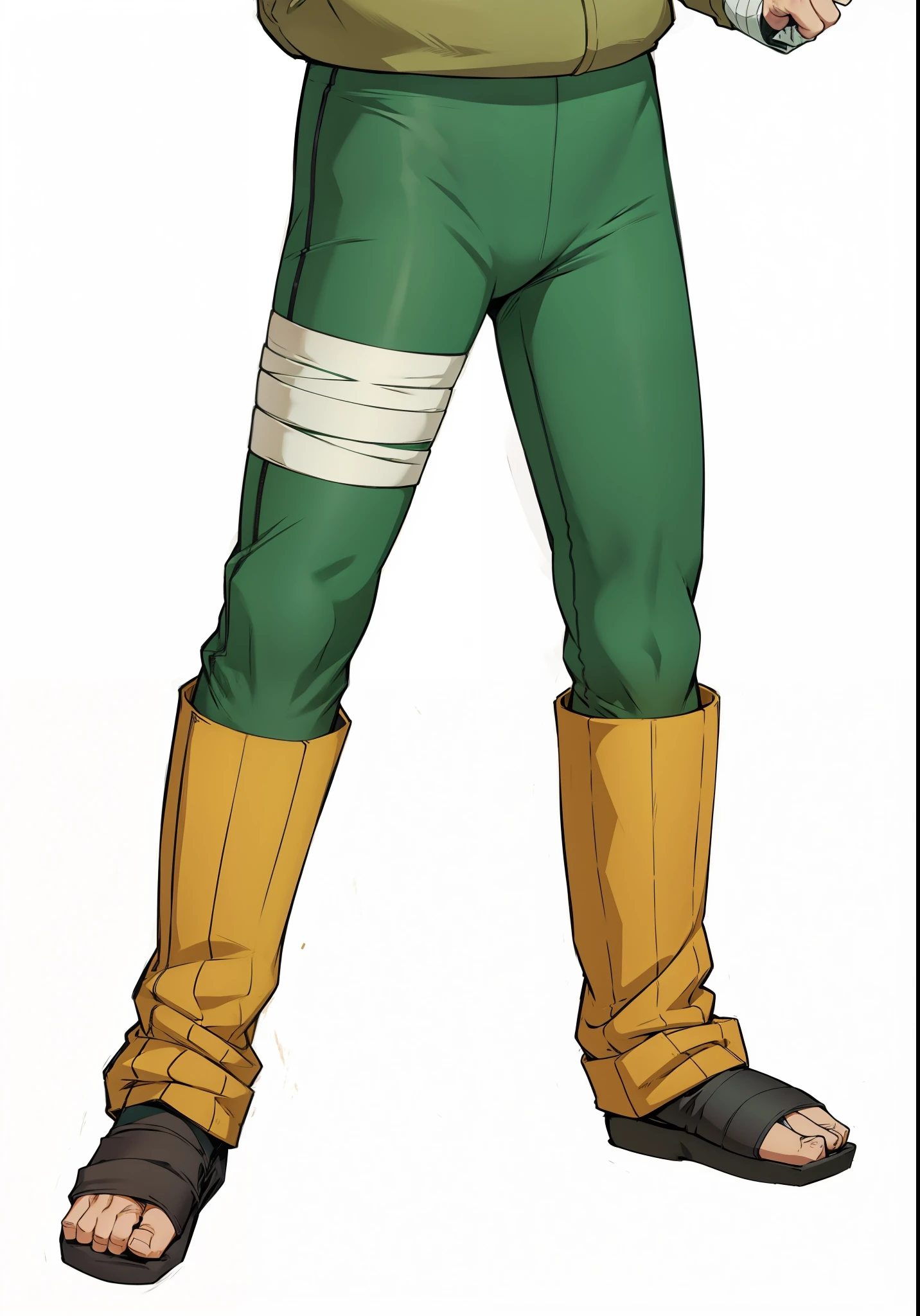 Rock Lee, extremamente realista, muito lindo, cabelo liso, cabelo brilhando, bandages on hands and arms, colete verde, legging pants, faixa na perna, Fitness