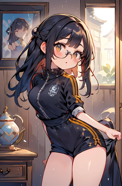 (1 with glasses:1.3, Sozinho), (Audrey Hepburn:1.3), (uma mulher japonesa extremamente bonita e linda), (garota sexy), (Traje profissional:1.3), (22 anos de idade: 1.1), (De baixo:1.3), (low angle:1.3), (ground level shooting:1.3), (menina no topo:1.3), (arms behind the back between the legs:1.3), (attractive random pose:1.3), (no quarto da rainha:1.3), (Olhar para baixo:1.3), (starring for you:1.3), (vista frontal:1.3), QUEBRAR, (rabo de cavalo:1.3), (cabelo fino preto brilhante:1.2), franja, olhos castanhos escuros, olhos lindos, olhos de princesa, (olhos grandes:1.3), franja, wearing glasses:1.3, cabelo entre os olhos, cabelo curto:1.3, (delgado:1.1), (small-medium breasts:0.95), (cintura fina: 1.15), (linda garota detalhada: 1.4), parted lips, Red lips, rosto totalmente maquiado, (pele brilhante), ((corpo feminino perfeito)), (imagem da parte superior do corpo:1.3), Anatomia perfeita, perfect proportions, (rosto mais lindo da atriz coreana:1.3, rosto de atriz japonesa extremamente fofo e lindo:1.3), QUEBRAR, (Ver visualizador, vestindo um uniforme de colegial, (Incredibly detailed classic tracksuit:1.3), (Shorts esportivos vermelhos:1.3), roupas detalhadas, QUEBRAR, (fundo detalhado do quarto da rainha elegante:1.2), (fundo escuro), (soft studio lighting: 1.3), (luzes falsas: 1.3), (luz de fundo: 1.3), QUEBRAR, (realista, Fotorrealista: 1.37), (Obra de arte, melhor qualidade: 1.2), (ultra high resolution: 1.2), (Foto CRU: 1.2), (sharp focus: 1.3), (Foco facial: 1.2), (Papel de parede ultra detalhado CG unificado 8k: 1.2), (Pele bonita: 1.2), (pale skin: 1.3), (Hyper sharp focus: 1.5), (Ultra sharp focus: 1.5), (Lindo lindo rosto: 1.3), (fundo super detalhado, fundo detalhado: 1.3), Ultra realista Photo, Hyper clear image, Imagem hiperdetalhado,