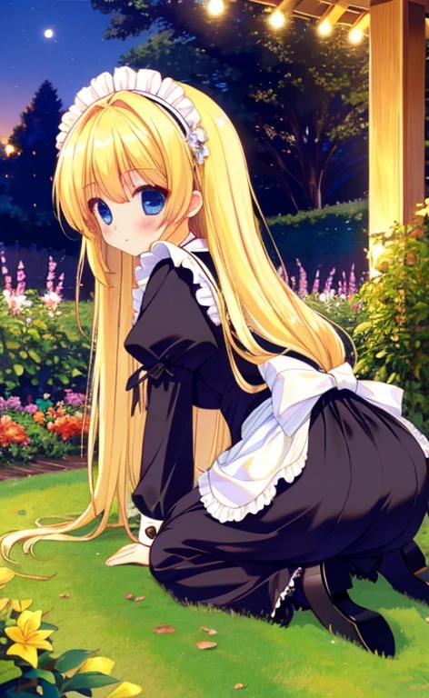 Beautiful long blonde Girl in black maid outfit Long sleeve Shyness On all fours Garden at Night