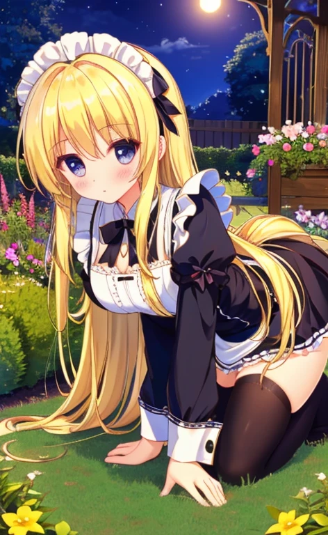 Beautiful long blonde　Girl in black maid outfit　Long sleeve　Shyness　On all fours　Garden at Night