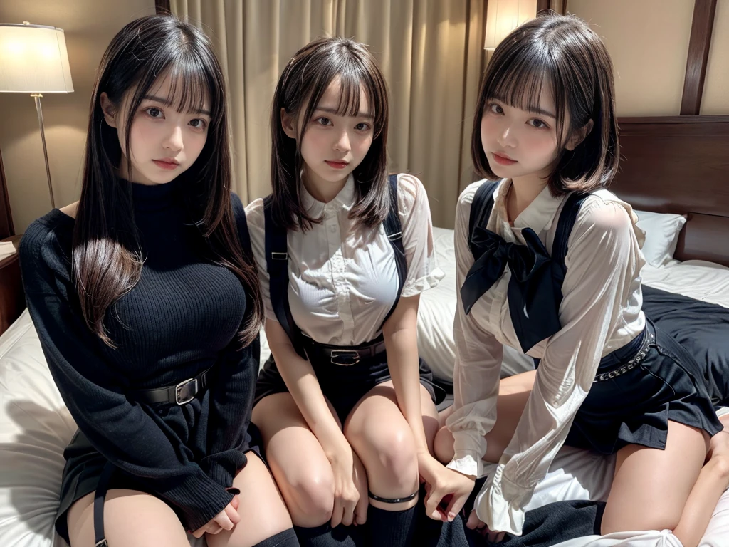 master piece, best quality, illustration, Super detailed, fine details, High resolution, 8K,wall paper, perfect dynamic composition,(Details High quality, realistic depiction of eyes:1.3),((2 girls)), (Fashionable, a belt black suspenders, Aside Cutter Shirt, a miniskirt, garterbelts), short bob hair, large breasts, black hair color, Big Natural Color Lip, (perfect body shape), Touching each other's bodies,Touching the body of the girl next door,crying a little、cold gaze, Harajuku style、20 year old girl、beautiful legs, hotel room, Gravure Idol, Voluptuous thighs, (woman on top, straddling, sitting)