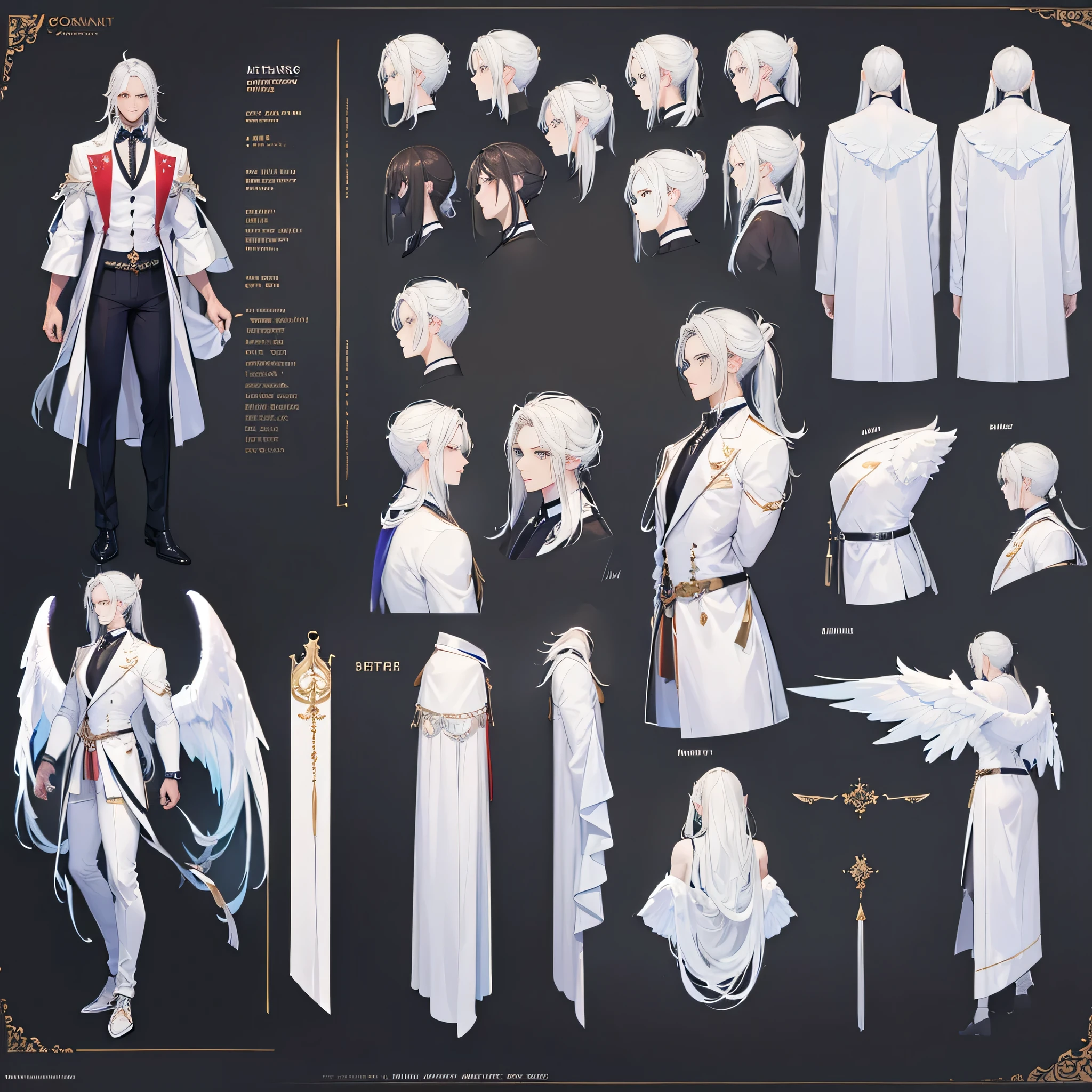 ((Masterpiece, Highest quality)), Male, boy, Detailed face, character design sheet，full bodyesbian, Full of details, frontal body view, back body view, Highly detailed, character sheet, reference sheet, character design, Many parts, dark skin, angel wings, white hair, angel outfit, Muscle boy with white long ponytail hair，handsome man, male angel , man tall, abs, pectoral muscle