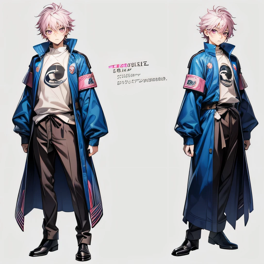 (Yusuke Murata in Style)、(Bright pink eyes)(He is 15 years old)、(Shy look、)whole body、View from the front、White hair color、Pink striped hair、