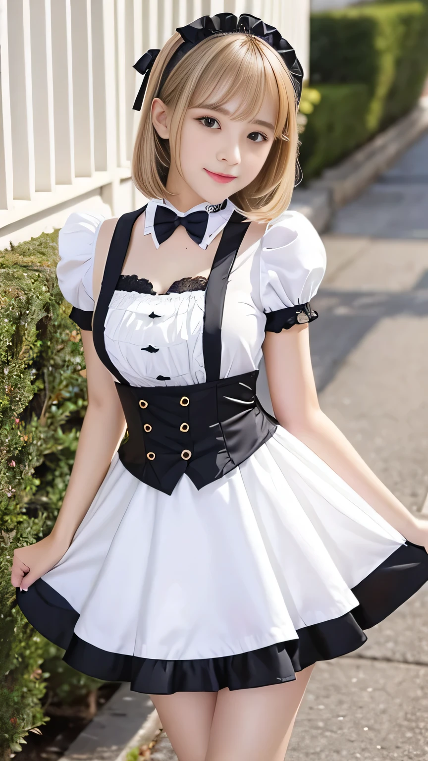 Sexy Big 、A cute 15-year-old girl with a sexy and cute look, beautiful and sexy face、A strong wind blows my hair in front of my face、Straight blonde short hair、beautiful, Cute and sexy eyes hidden behind long bangs、Sexy maid outfit