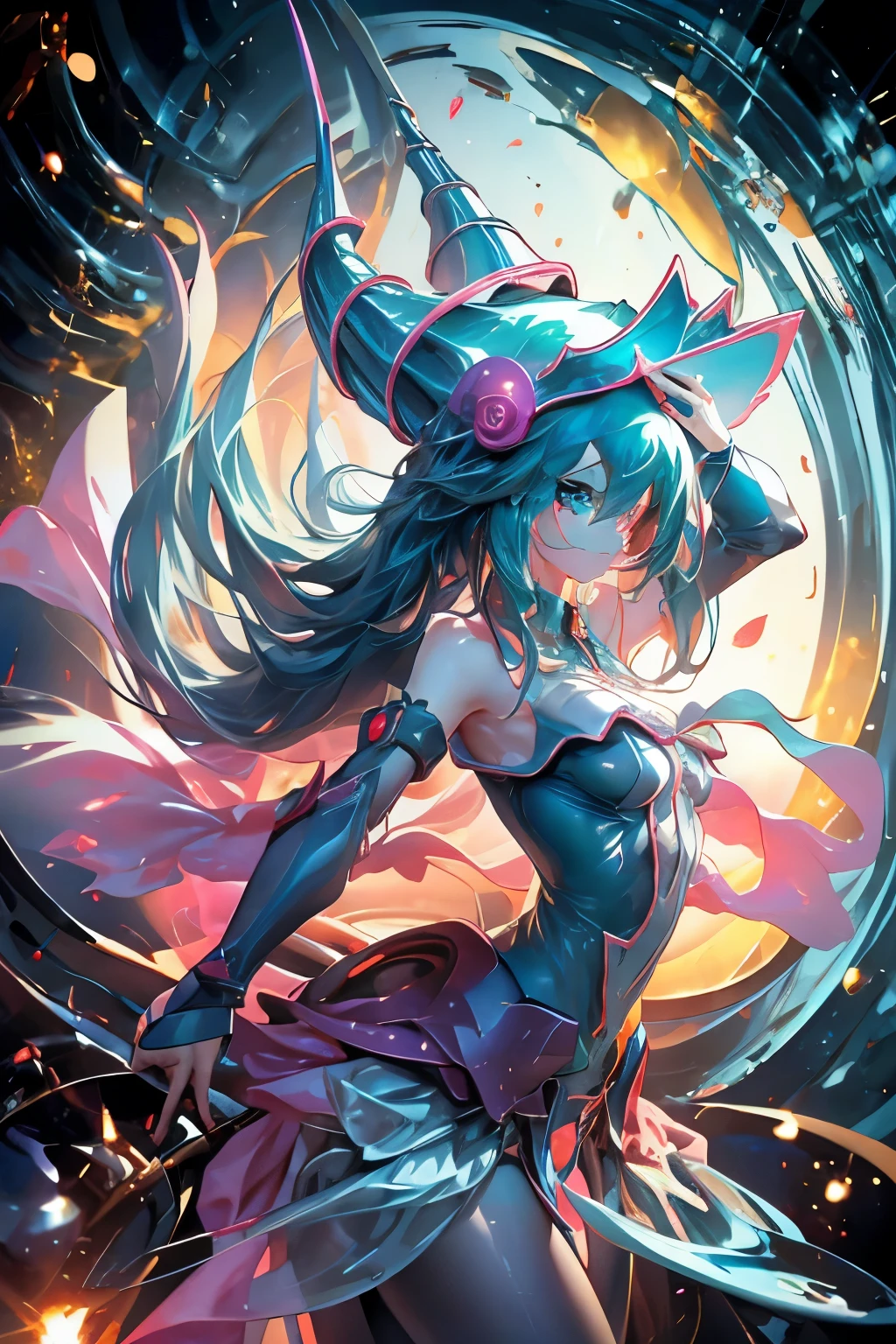 Hatsune Miku disfrazada de dark magician gils. Pose sensual y seductora. Fondo de magia 