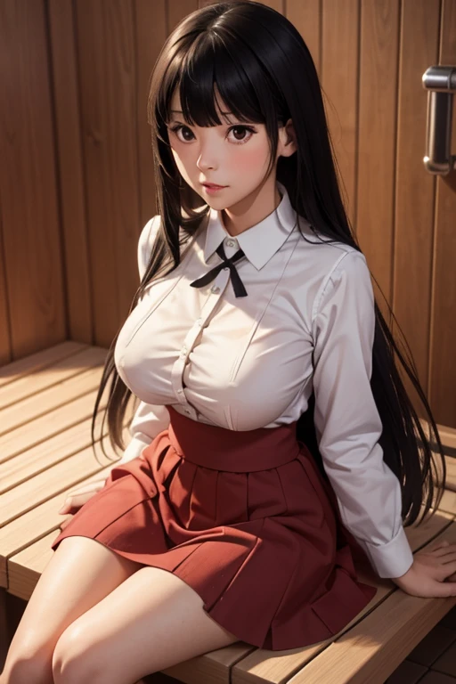 sit in Sauna room , steam , waistband of skirt is at the point above chest , Tight shirt , white Shirt , school girl , skirt under breasts , skirt is near breasts area , skirt is adjacent to the chest , jabami yumeko, black hair, long hair, blunt bangs , red jacket, shirt, black skirt , big breasts