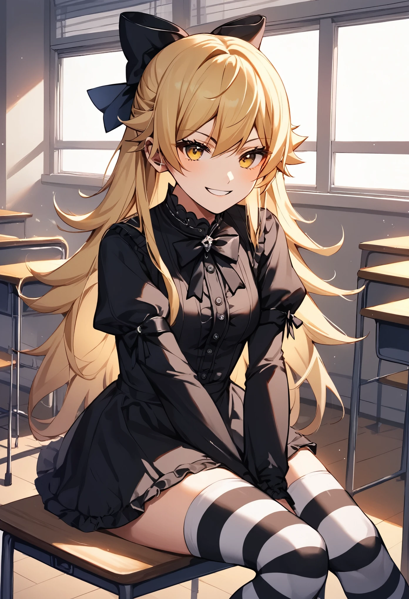 score_9, score_8_up, score_7_up, score_6_up, source_anime, rating_safe,, 1girl, solo, oshino shinobu, tv_gothic, blonde hair, long hair, yellow eyes, black dress, hair bow, striped thighhighs, frills, sitting, classroom, night, looking at viewer, smirk