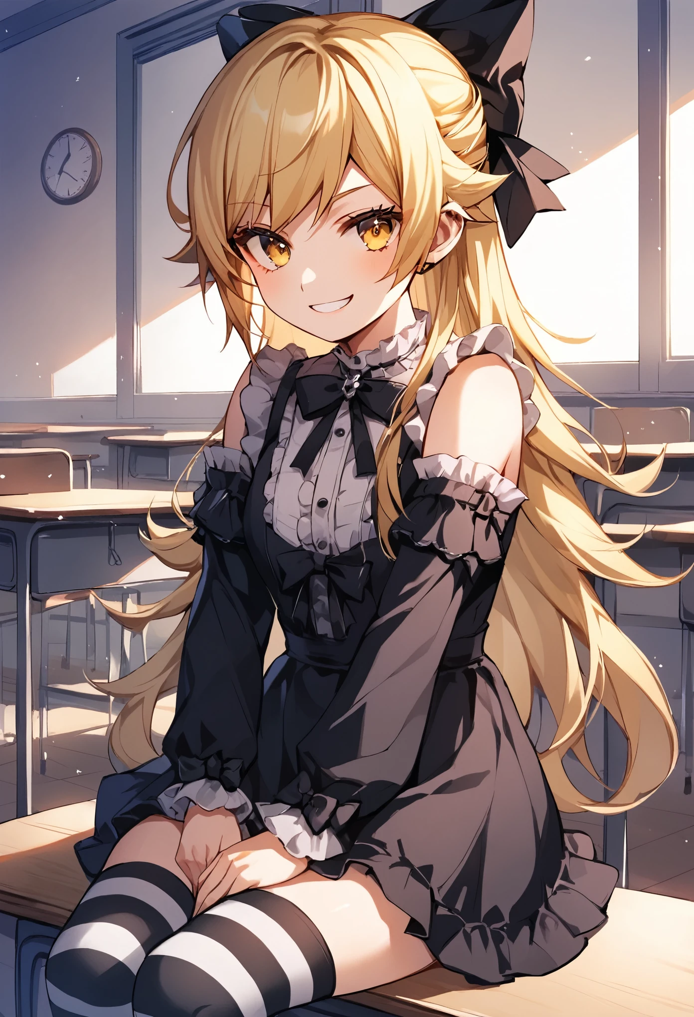 score_9, score_8_up, score_7_up, score_6_up, source_anime, rating_safe,, 1girl, solo, oshino shinobu, tv_gothic, blonde hair, long hair, yellow eyes, black dress, hair bow, striped thighhighs, frills, sitting, classroom, night, looking at viewer, smirk