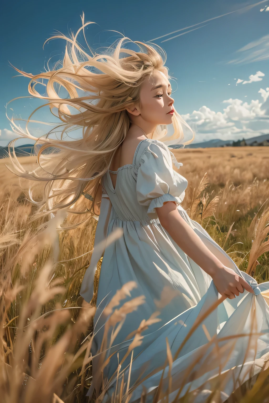 A beautiful young girl with sandy blonde willow hair, swirls, twists, tan, yellow, light blue and off-white, wears a dry-looking flowing summer dress of light brown color, with a long blowing dry summer standing in a field of grass. Summer high wispy clouds, blue sky, summer blowing wind, 8k