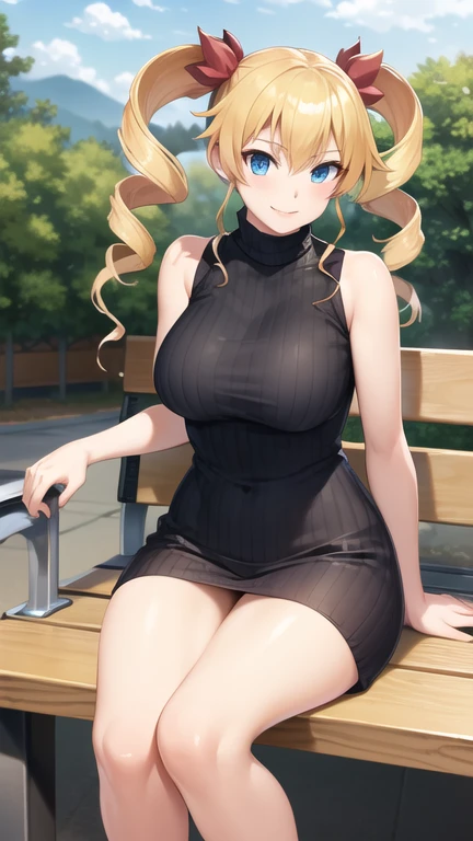 masterpiece, best quality, highres, Claire Harvey, long hair, twintails, twin drills, hair ribbon, sweater dress, ribbed sweater, sleeveless, turtleneck, street, sitting, bench, smile