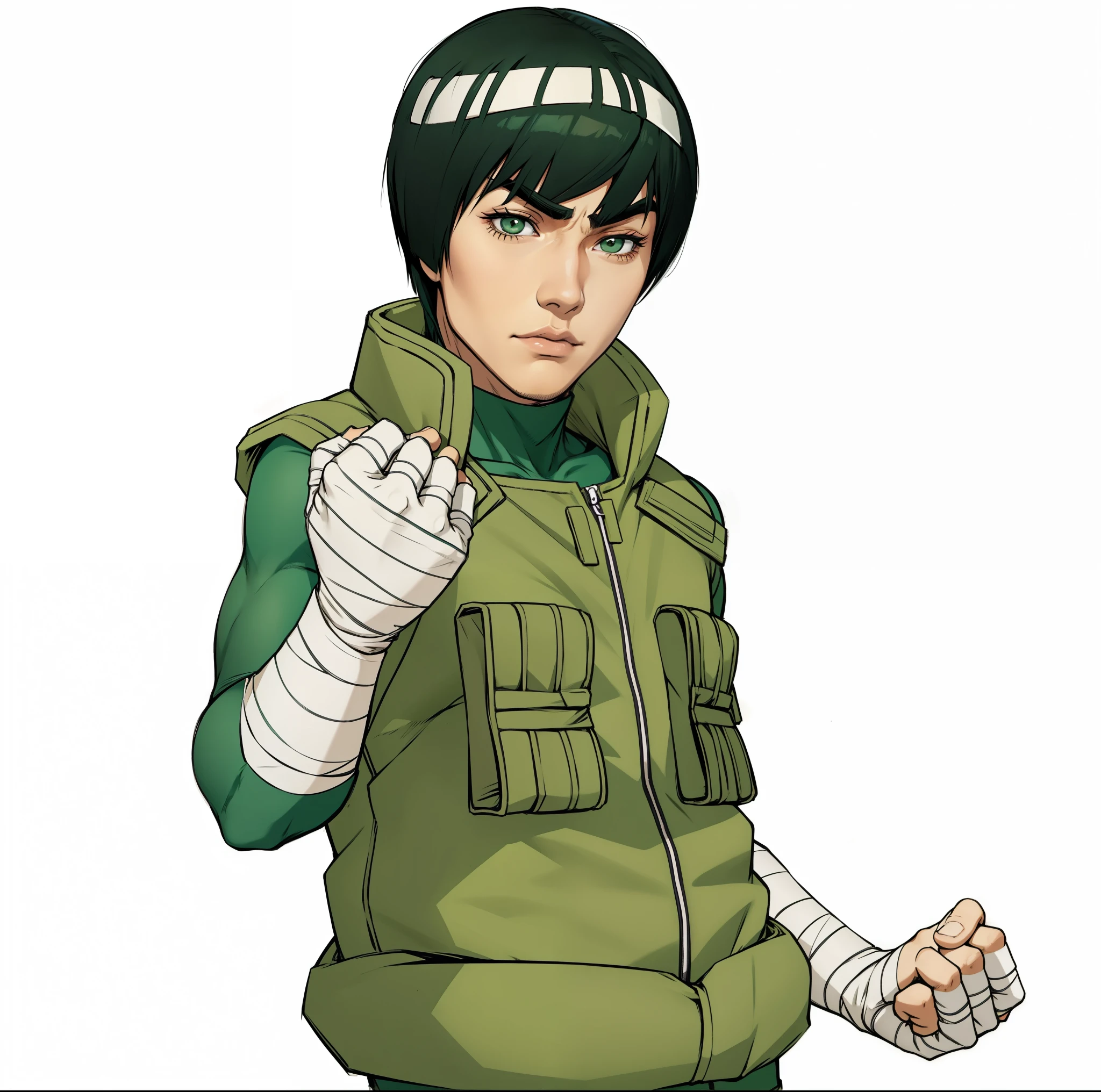 Rock Lee, extremamente realista, muito lindo, cabelo liso, cabelo brilhando, bandages on hands and arms, colete verde, legging pants, faixa na perna, Fitness 