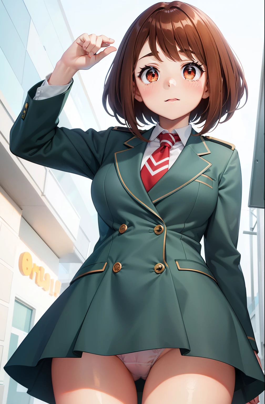 Ochaco is a girl with a curvaceous figure., Fair skin, Reddish brown hair and matching eye color,. Her cheeks have a perpetual pink blush, And her eyes are big and round、spread legs、show white panties,Thick upper eyelashes, Two more lines on each side that stそして out.、and fewer, but more distinct, lower lashes.. Her hair is shoulder-length、at school, She is a normal U.Become familiar. Uniform. Put on a grey dress jacket, Two teal stripes, Two creased pockets,