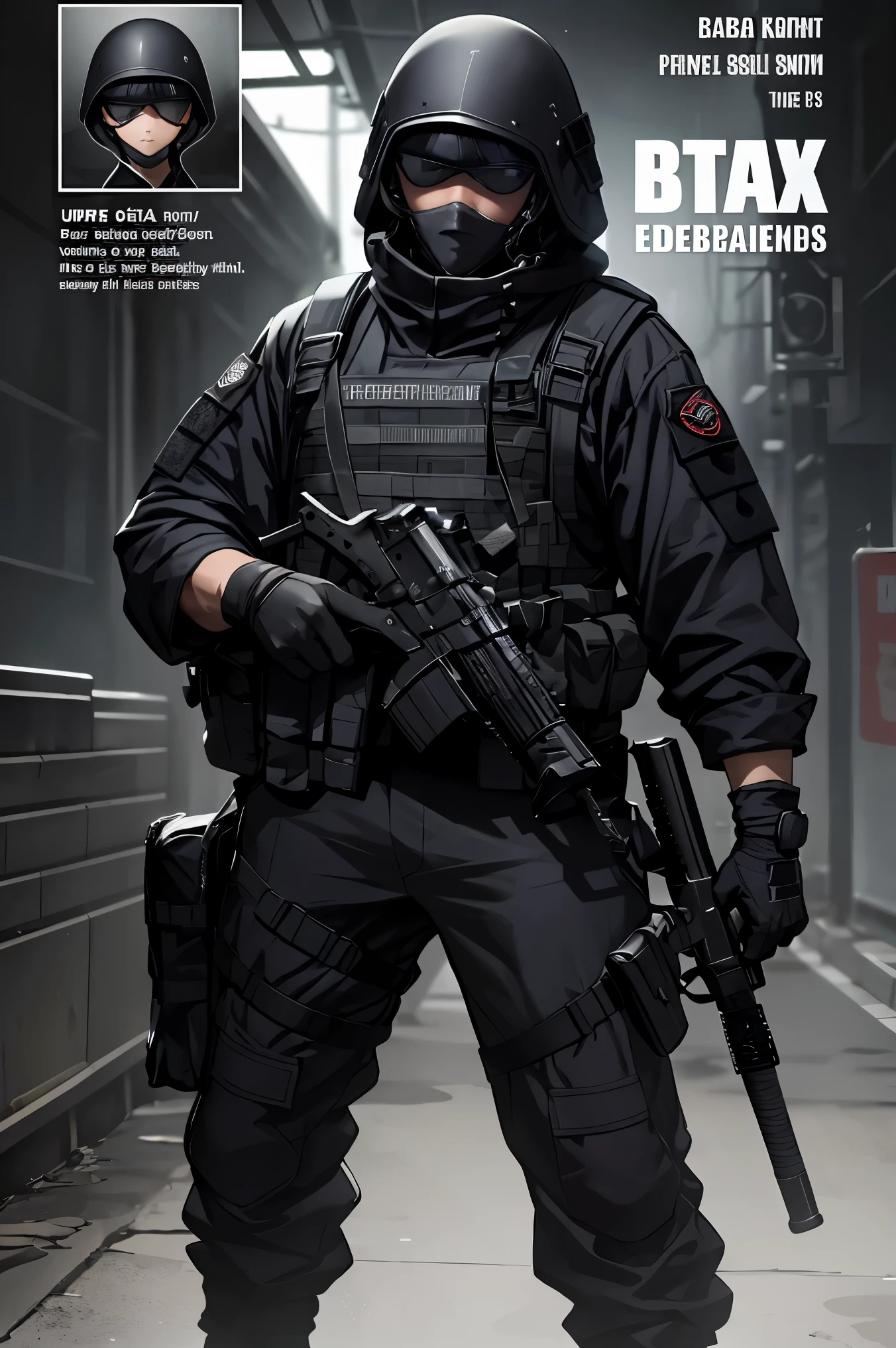 The character in the image is depicted wearing a full black tactical outfit. This includes a long-sleeved shirt and pants with multiple pockets and straps.. Clothing suggests readiness for combat or stealth operations. Gloves cover hands, e uma das mangas parece estar dobrada, revealing what appears to be a bandage or protection on the forearm. The character's hair is styled in short locks, and there are no facial features visible due to an overlapping censor block. This image may be interesting or relevant to discussions about character design in media such as video games or graphic novels, especially those with action or military themes