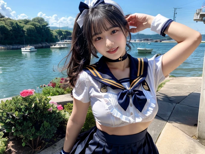 (((very heavy chest))),NSFW, 16k raw photos, highest quality, masterpiece, ultra high resolution, ((She is wearing Beautiful exposed redShe is wearing (a high school sailor uniform).
(navy sailor collar:1.4),(white shirt:1.4),(navy pleats skirt:1.4),(navy bow:1.4))).movie, ((2 girls, , 2 girls)),((attractive expression)),eyes shine、 looking at the viewer, natural skin texture very heavy chest))),((( metal black ribbon around the neck))).star handle mold、((yellow eyes)),Realistic eye and face details, lip whole, lipstick makeup), fluffy ponytail hair, laughter, Beautiful feet, tall woman, ((glowing skin)),((Beautiful armpit)), slim_feet, huge breasts, cleavage, beautiful natural places, beautiful flower garden、(detailed background,highly exposed, huge breasts, blurred background,, JK ribbon on the neck, jk ribbon, golden hair, bracelet, water, bangs, split your lips、armpit、beautiful hip line、glowing skin、(((eyes shine brightly))),lotion skin、High leg、((black hair)),highly exposed、Skimpy pink luxury fur coat、beautiful sea background、wind effect、