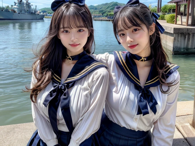 (((very heavy chest))),NSFW, 16k raw photos, highest quality, masterpiece, ultra high resolution, ((She is wearing Beautiful exposed redShe is wearing (a high school sailor uniform).
(navy sailor collar:1.4),(white shirt:1.4),(navy pleats skirt:1.4),(navy bow:1.4))).movie, ((2 girls, , 2 girls)),((attractive expression)),eyes shine、 looking at the viewer, natural skin texture very heavy chest))),((( metal black ribbon around the neck))).star handle mold、((yellow eyes)),Realistic eye and face details, lip whole, lipstick makeup), fluffy ponytail hair, laughter, Beautiful feet, tall woman, ((glowing skin)),((Beautiful armpit)), slim_feet, huge breasts, cleavage, beautiful natural places, beautiful flower garden、(detailed background,highly exposed, huge breasts, blurred background,, JK ribbon on the neck, jk ribbon, golden hair, bracelet, water, bangs, split your lips、armpit、beautiful hip line、glowing skin、(((eyes shine brightly))),lotion skin、High leg、((black hair)),highly exposed、Skimpy pink luxury fur coat、beautiful sea background、wind effect、
