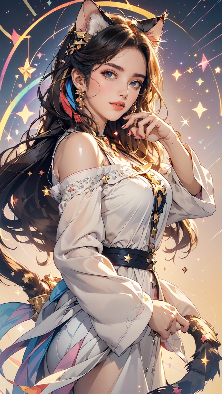 (masterpiece, highest quality), ((One girl, (Mature Woman) Long Hair), (Star-shaped pupils, +_+, Symbol-shaped pupil, Sparkling eyes), (Cat ear, Open your mouth)), (View Viewer, A light smile, Off the shoulder), (Abstract, Multicolored background, Abstract background, chromatic aberration),