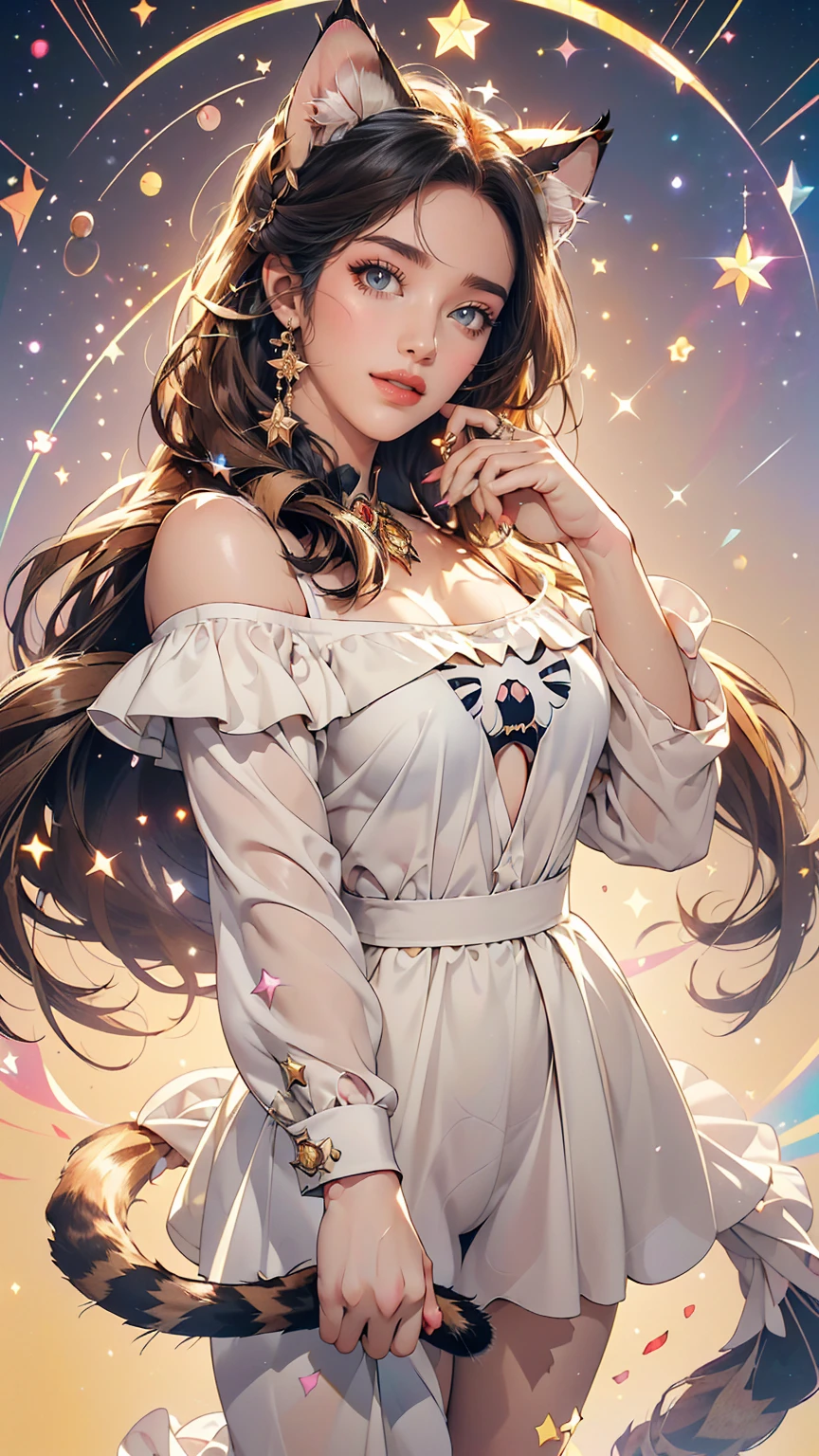 (masterpiece, highest quality), ((One girl, (Mature Woman) Long Hair), (Star-shaped pupils,  +_+, Symbol-shaped pupil, Sparkling eyes), (Cat ear, Open your mouth)), (View Viewer, A light smile, Off the shoulder), (Abstract, Multicolored background, Abstract background, chromatic aberration),