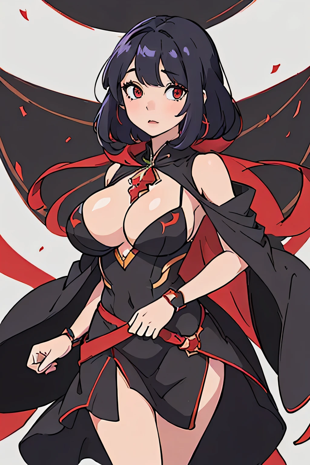 A woman in a black and white dress with a red cape, Enchanting anime girl, Beautiful and attractive anime woman, Cute anime waifu in a nice dress, ayaka genshin impact, have large breasts, biomechanical tits, Anime Goddess, marin kitagawa fanart, tits, tits proportions, Fine details. Girls' Frontline
