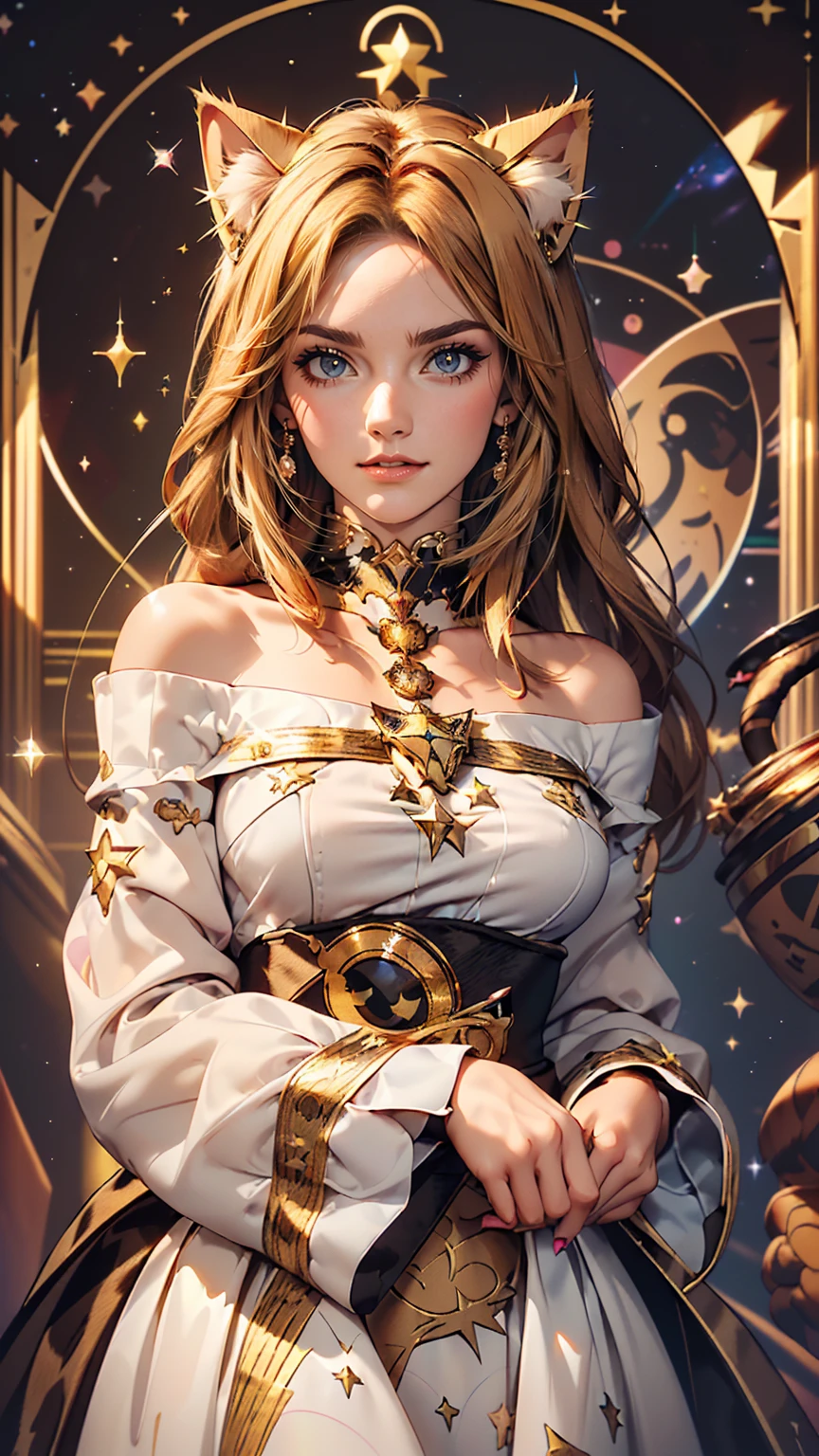 (masterpiece, highest quality), ((One girl, (Mature Woman) Long Hair), (Star-shaped pupils, +_+, Symbol-shaped pupil, Sparkling eyes), (Cat ear, Open your mouth)), (View Viewer, A light smile, Off the shoulder), (Abstract, Multicolored background, Abstract background, chromatic aberration),
