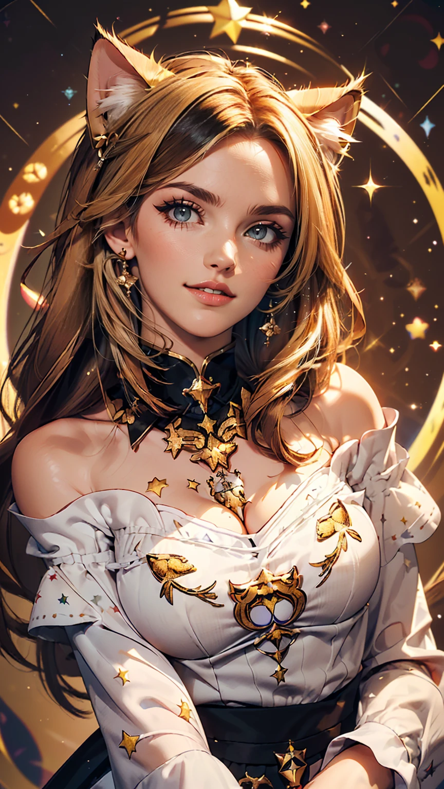 (masterpiece, highest quality), ((One girl, (Mature Woman) Long Hair), (Star-shaped pupils, +_+, Symbol-shaped pupil, Sparkling eyes), (Cat ear, Open your mouth)), (View Viewer, A light smile, Off the shoulder), (Abstract, Multicolored background, Abstract background, chromatic aberration),