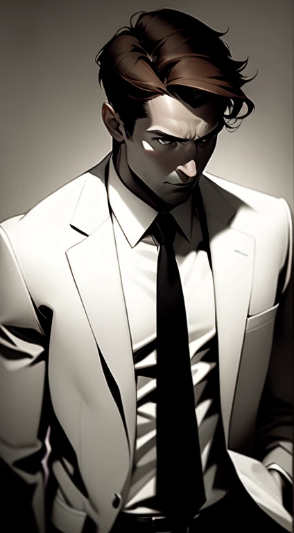 Mid 20s male detective, brown hair, detailed, toned body, simple, Noir et blanc, monochrome, looking at viewer, plain looking, white shirt and tie, grey suit. gritty, unshaven