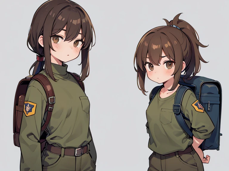 Two characters in a scene boy and girl (absolutely identical twins brother and sister)with the same cute beautiful girlish features, The first character is a handsome, modest, round-faced, brown-eyed boy with an ideal masculine physique., with semi-long brown hair tied in a ponytail, Military style (marsh color T-shirt, military style trousers with patch pockets, massive high infantry boots, backpack), and the second character is strong, very muscular feminist girl with aesthetic small breasts with beautiful erect nipples, with very tousled shaggy semi-long brown hair, hair between the eyes, Brown eyes, beautiful face, an athlete with well-developed proportional muscles, khaki racer jersey(absolutely no bra), military style trousers with patch pockets, massive high infantry boots, backpack; talk to each other, different emotions, free pose, free interaction with each other, against the backdrop of the realistic nature of central Russia