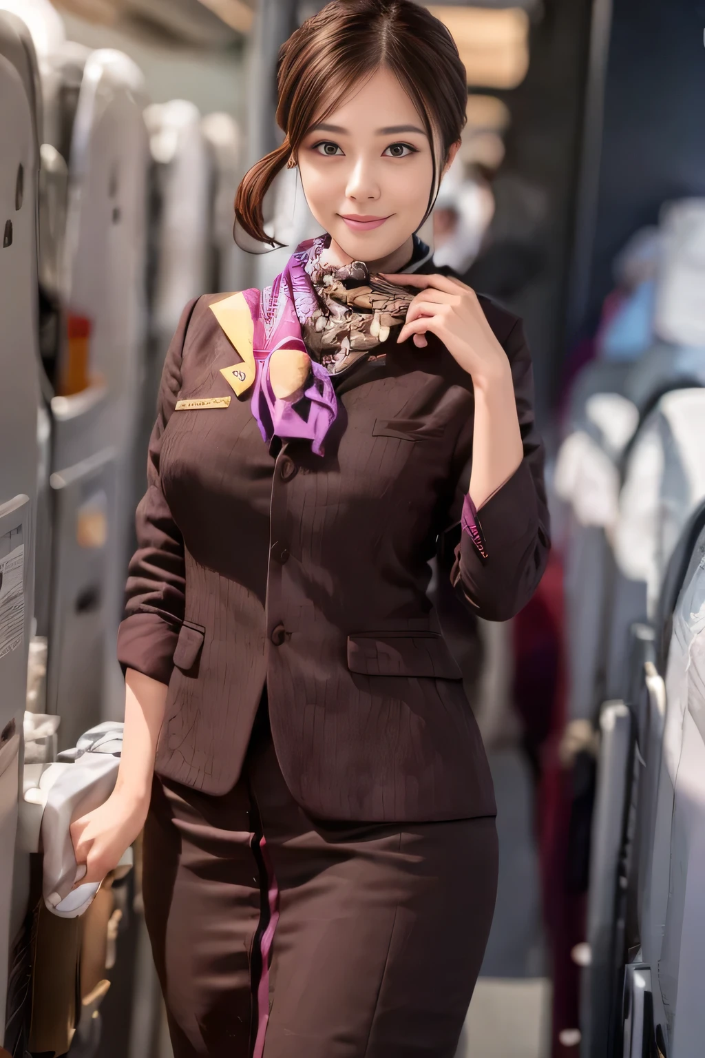 (masterpiece:1.2、highest quality:1.2)、32K HDR、High resolution、(alone、1 girl、Slim figure)、(A realistic reproduction of the ETIHAD Airways Cabincrew Uniform)、 (On board, Professional Lighting)、A proper woman, Beautiful Face,、(Long sleeve ETIHAD Airways Cabincrew Uniform)、(ETIHAD Airways Cabincrew Uniform skirt with purple stripe on the front)、(scarf on chest)、Big Breasts、(Long Hair Up、Hair Bun)、Dark brown hair、Long Shot、((Great hands:2.0))、((Harmonious body proportions:1.5))、((Normal limbs:2.0))、((Normal finger:2.0))、((Delicate eyes:2.0))、((Normal eyes:2.0)))、Beautiful standing posture、smile、Hands folded underneath