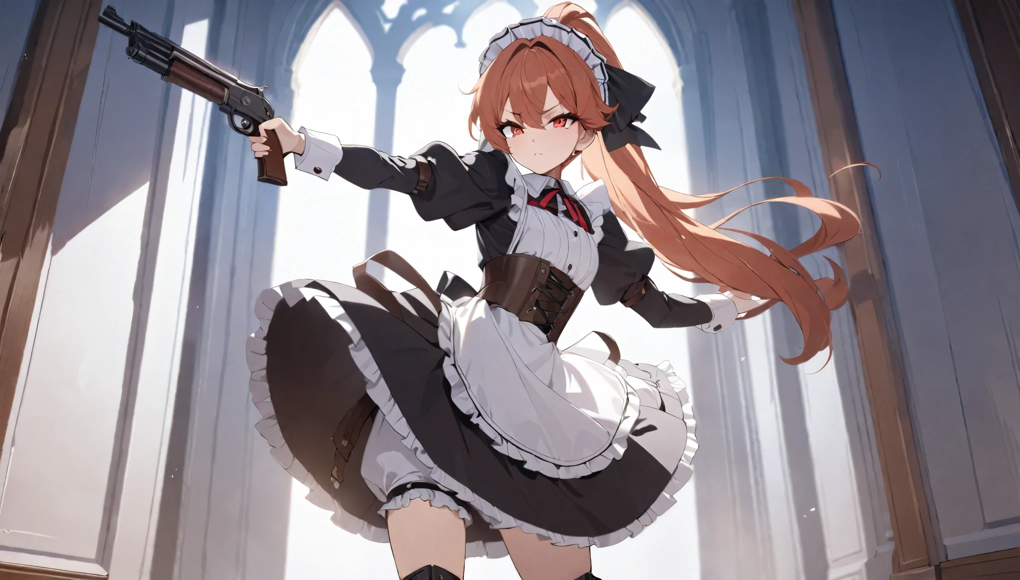 (best quality,4k,8k,highres,masterpiece:1.2),ultra-detailed, (1girl) A cute age gunslinger maid with red eyes, drawn in anime style, spiky ginger hair in a long ponytail, victorian fashion, wearing a cute black maid dress with puffy sleeves, corset, tactical gear, light armour, petticoat, bloomers, a frilly headband, a frilly white apron, high-heel boots, ribbons, wielding a gun, steampunk style, guarding a castle hallway, extremely detailed eyes and face,longeyelashes,volumetric lighting,cinematic lighting,protective posture,dramatic close up,highly detailed texture,intricate details.