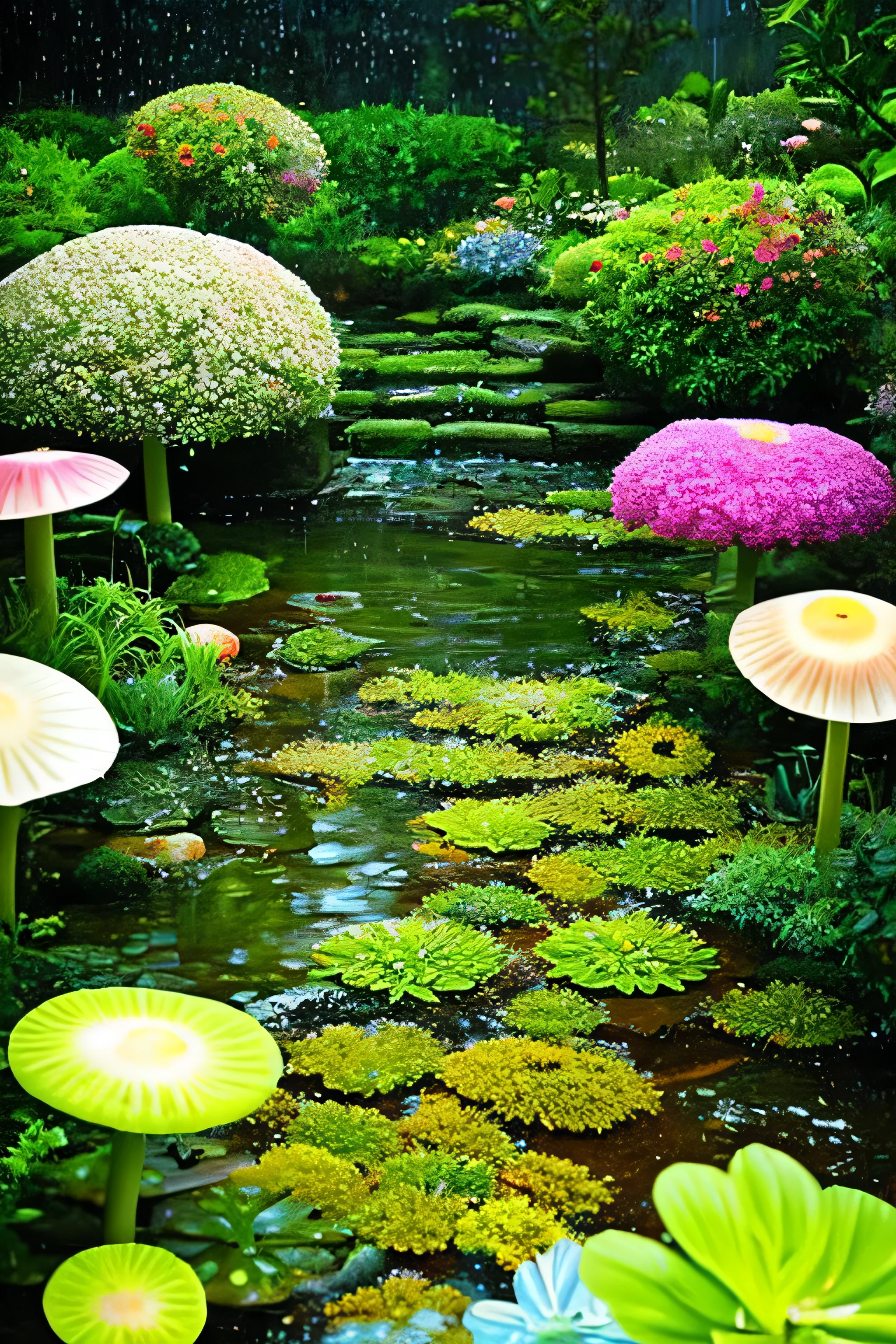 green々A plant with, Genuine, detailed, 8k, high quality, Enchanting, dreamy, fantasy scene/、rain、rain、rain、Alien Forest, Glowing Mushroom, Creates a sense of mystery and fascination, Award-winning photography, Lots of green and purple, Bioluminescence, garden, water, Flowers, Depth of written boundary