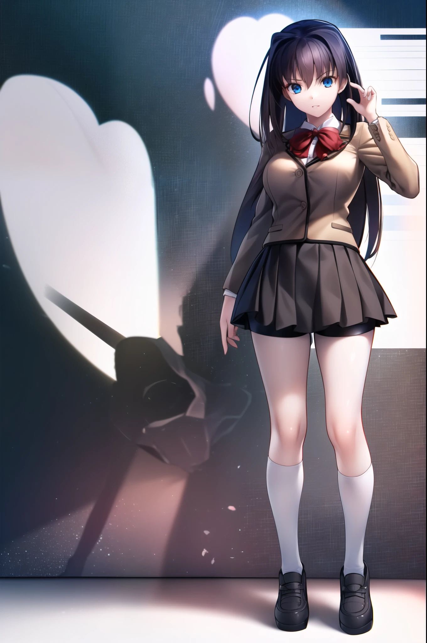 8k, high quality, lips, AokoSchoolUniform, (uniform), (1girl), solo, perfect face, (pleated mini skirt:1.4), (nice thighs:1.1), (black spandex shorts:1.4), standing, (huge breast:0.2), Leaning back, hands behind the head, (blank background), (FULL BODY:1.5), (from below), (white background:1.6)

