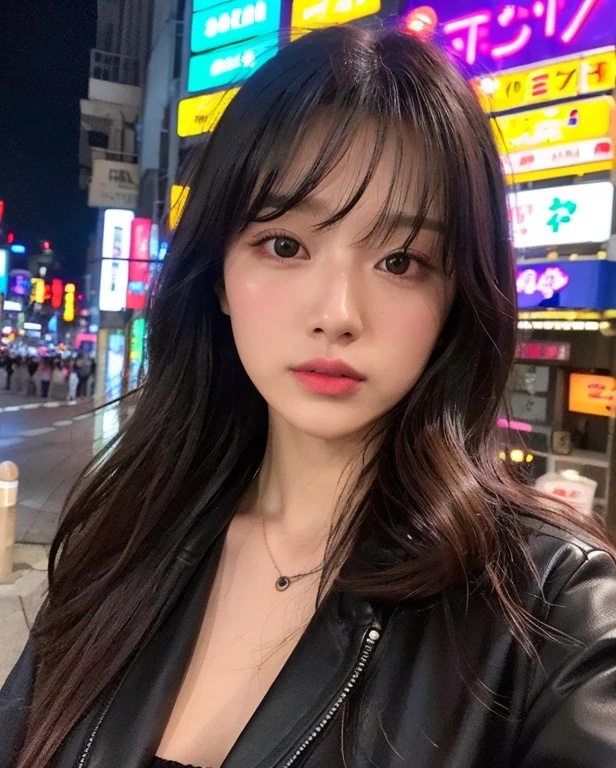 (Highly realistic photos, concentrate、High resolution, Detailed face, Detailed Hair,fine grain), ((Shooting in front of a wall))、Japanese women, 20-year-old, various expressions, Upper Body、alone:1, Slim figure,((Wearing a black jacket))、Only one person is in the photo、Natural look、(Light bangs、Long Hair、Black Hair,)、Selfie,The intense neon lighting casts dynamic, colorful shadows on her face, emphasizing the lively energy of Tokyo's night life --ar 3:4 --style raw --stylize 250